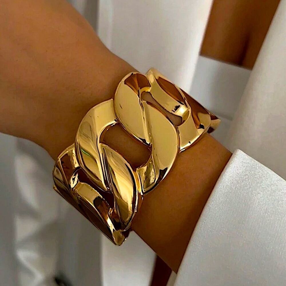 Oversized Gold Chain Link Bangle Bracelet, Exaggerated Hollow Out Wavy Smooth C…